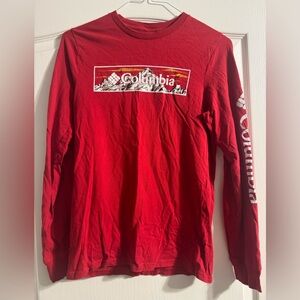 Columbia Red Long-Sleeve Logo Tee with Mountain Graphic